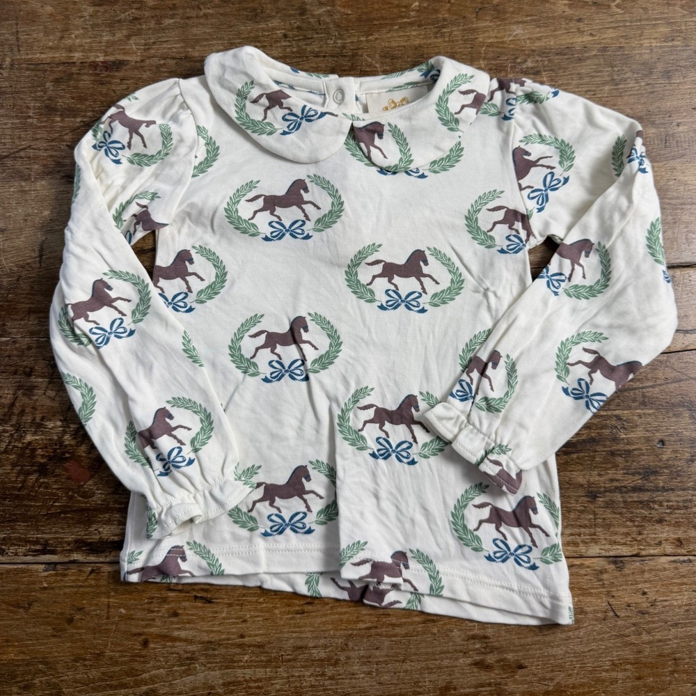 The Beaufort Bonnet Company Horse Laurel Print Top 2T Girls Cream Pima Cotton